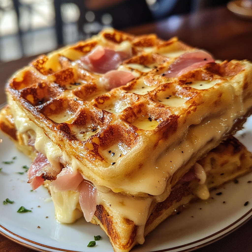 des gaufres dorées et croustillantes, garnies de jambon et de fromage fondant, servies sur une assiette.