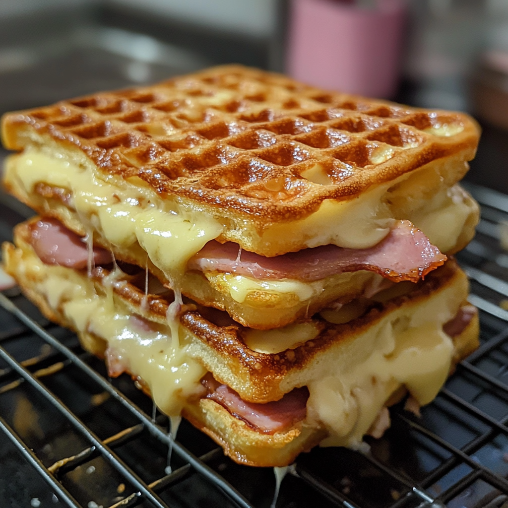 Recette gaufres salées jambon fromage avec des gaufres croustillantes, garnies de jambon et de fromage fondant, servies sur une grille.