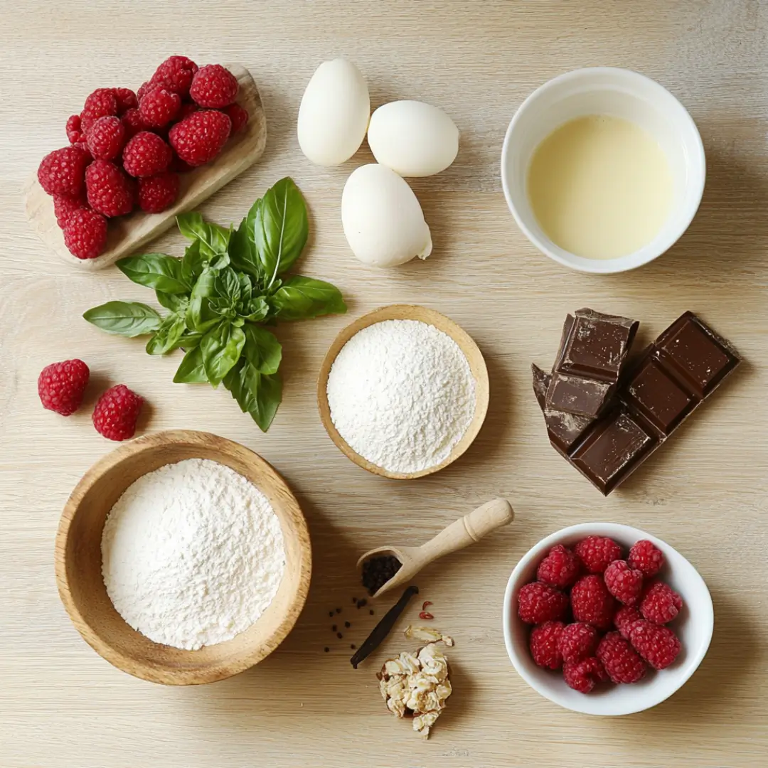 Ingredients chocolat gaufre Ingrédients pour recette de gaufres au chocolat blanc framboises et basilic : œufs, farine, chocolat, framboises, basilic