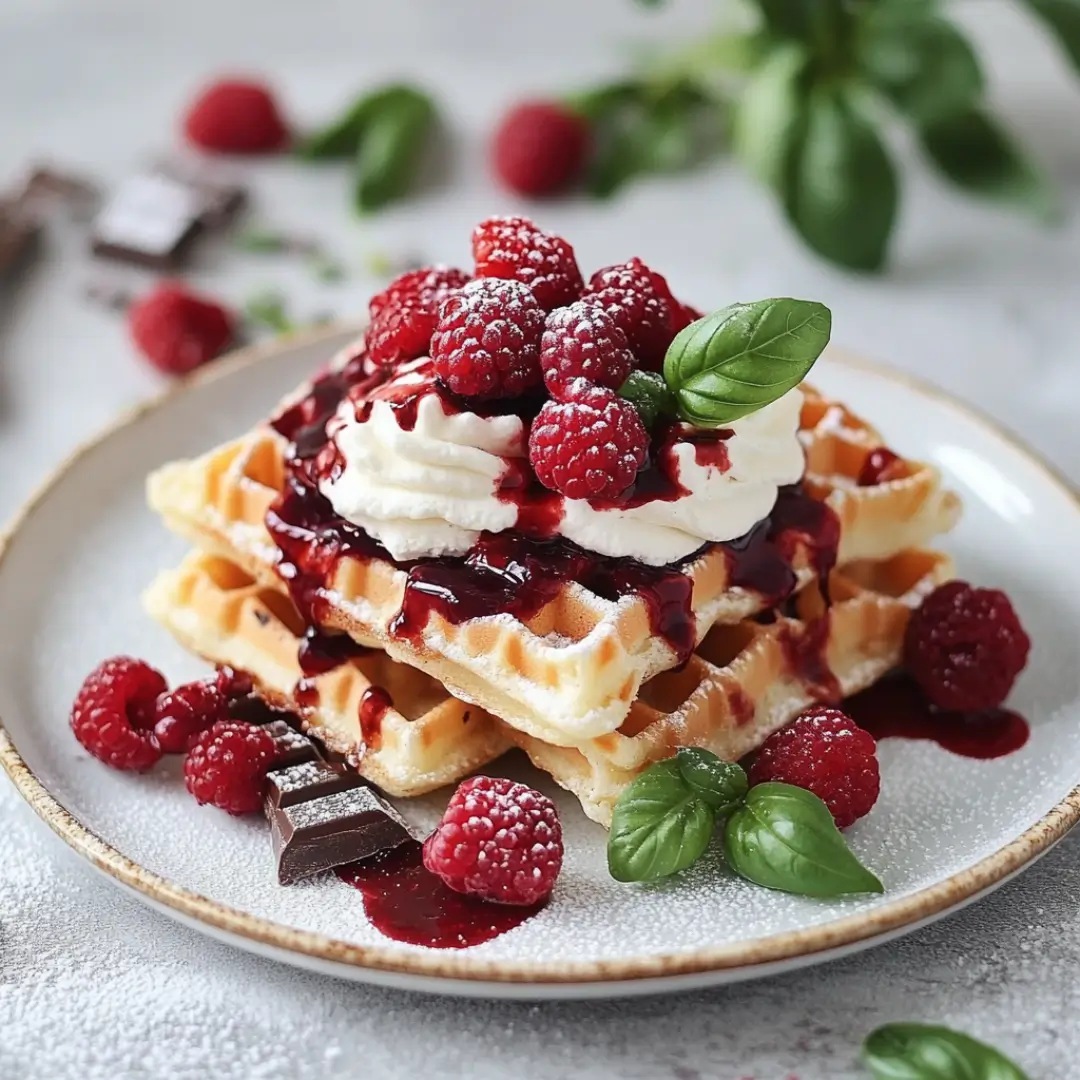 les gaufres au chocolat Les gaufres au chocolat blanc framboises et basilic empilées avec crème chantilly et coulis de fruits rouges